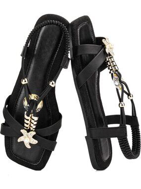 Women's Black Boho Braided Rhinestone Flat Square Toe Elastic Ankle Strap Sandal